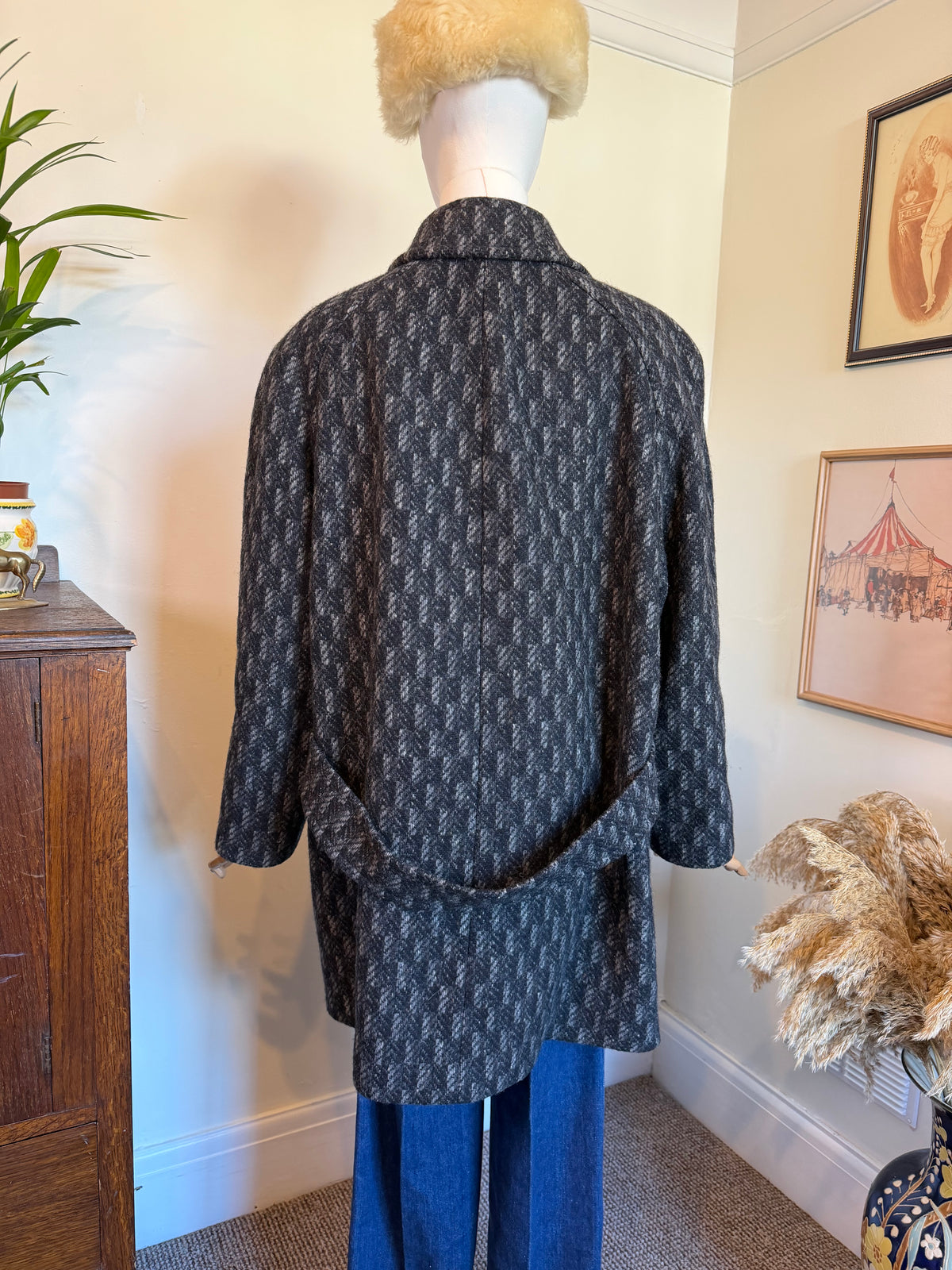 Vintage 1980s St Michael Pure New Wool Grey Herringbone Double Breasted Coat - Size X Large