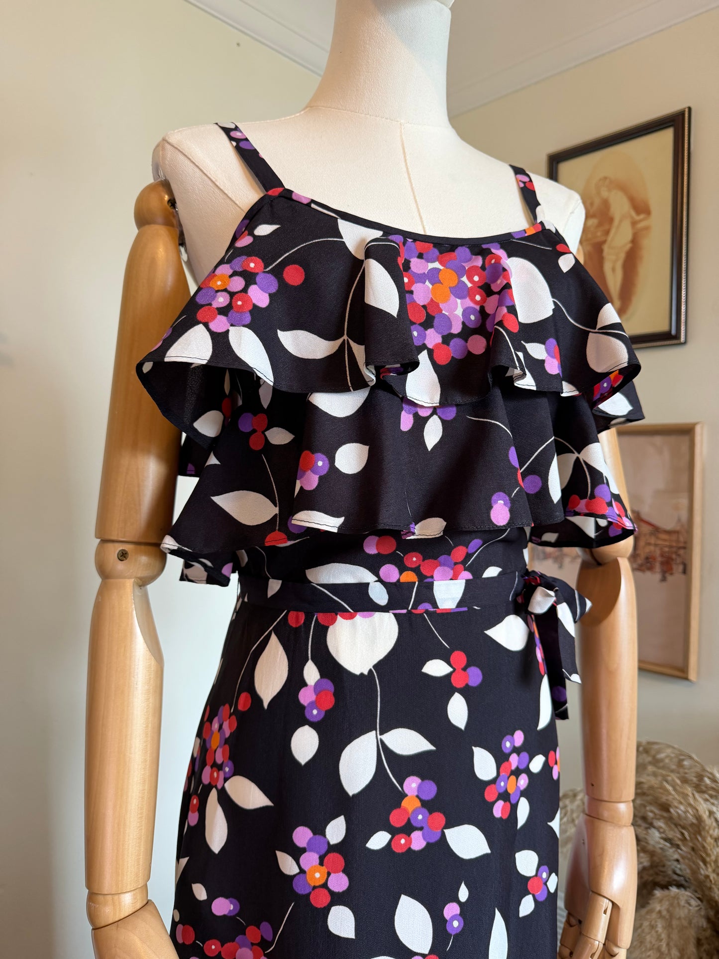 Vintage 1970s Berry Bloom Ruffled Maxi Dress - Size X Small/Small
