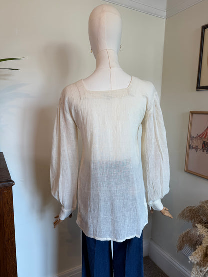 Vintage 1970s Embroidered Cotton Floral Peasant Blouse - Size Medium