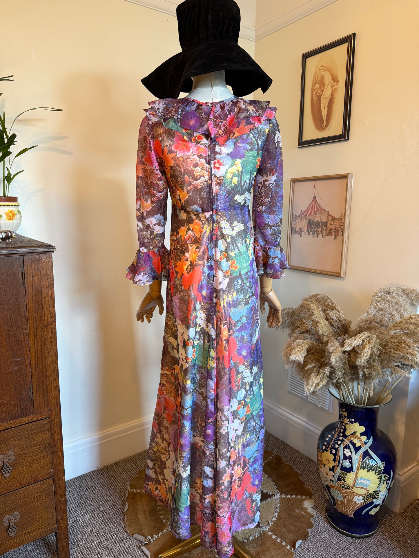 Vintage 1970s Hand Made Photographic Floral Print Frilled Maxi Dress