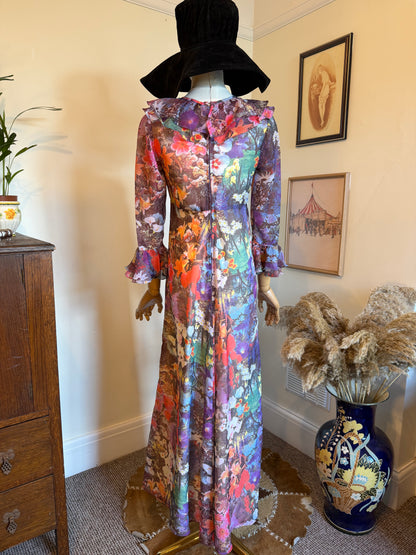Vintage 1970s Hand Made Photographic Floral Print Frilled Maxi Dress