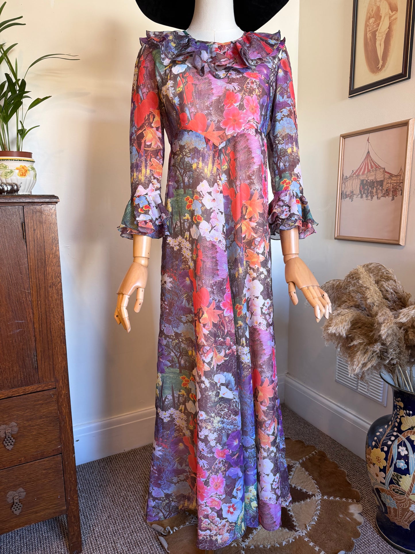 Vintage 1970s Hand Made Photographic Floral Print Frilled Maxi Dress
