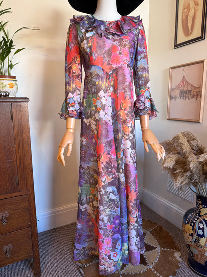 Vintage 1970s Hand Made Photographic Floral Print Frilled Maxi Dress