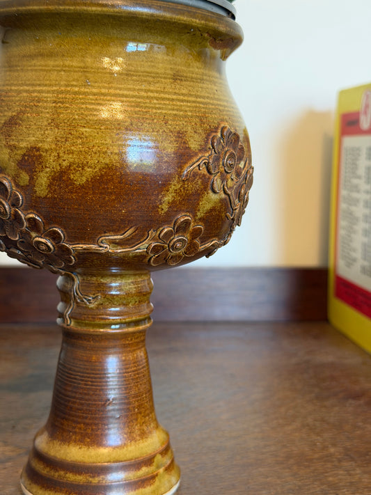 Vintage Stoneware Pedestal Planter with Relief Flowers