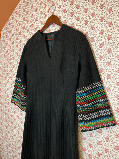 Vintage 1970s Rib Knit Maxi Kaftan with Mutli Colour Metallic Zig Zag