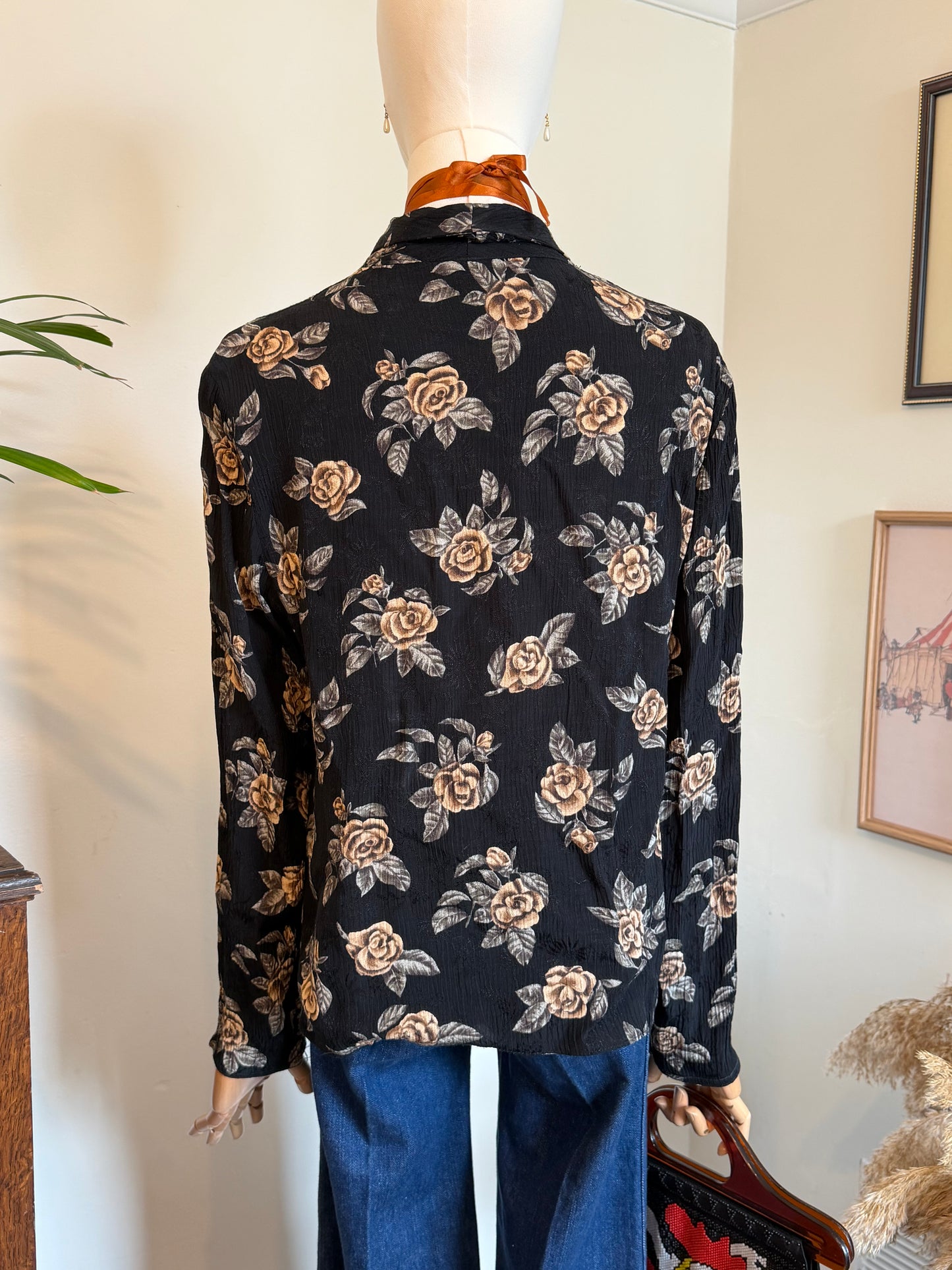 Vintage 1980s Black Floral Rose Print Button Front Blouse - Size Medium