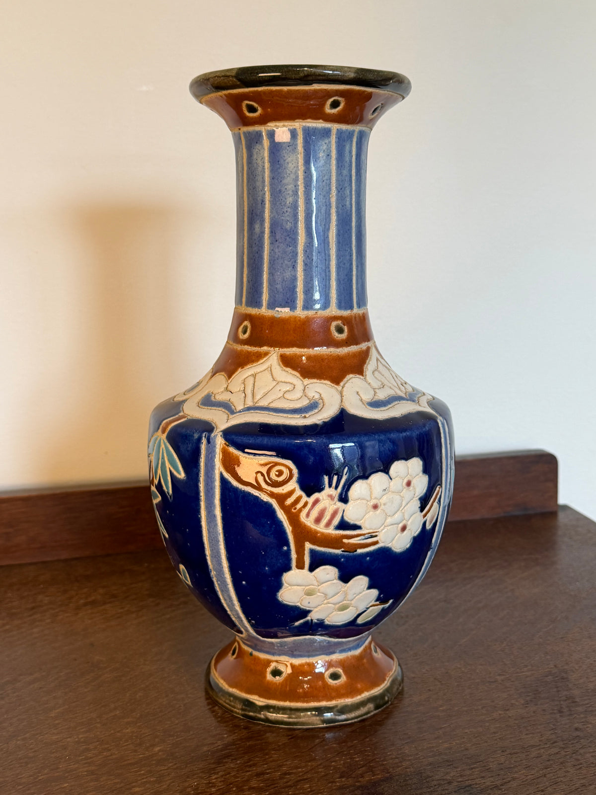Vintage 1960s Japanese Style Blue Floral Glazed Ceramic Vase
