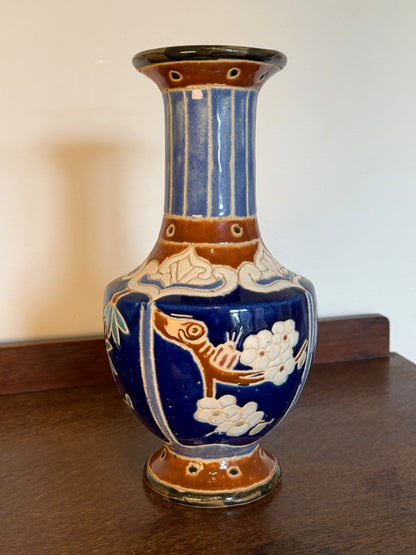 Vintage 1960s Japanese Style Blue Floral Glazed Ceramic Vase