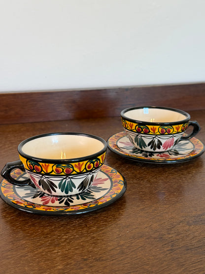 Vintage St Jean Hand-Decorated French Tea Cups & Saucers (Set of 2)