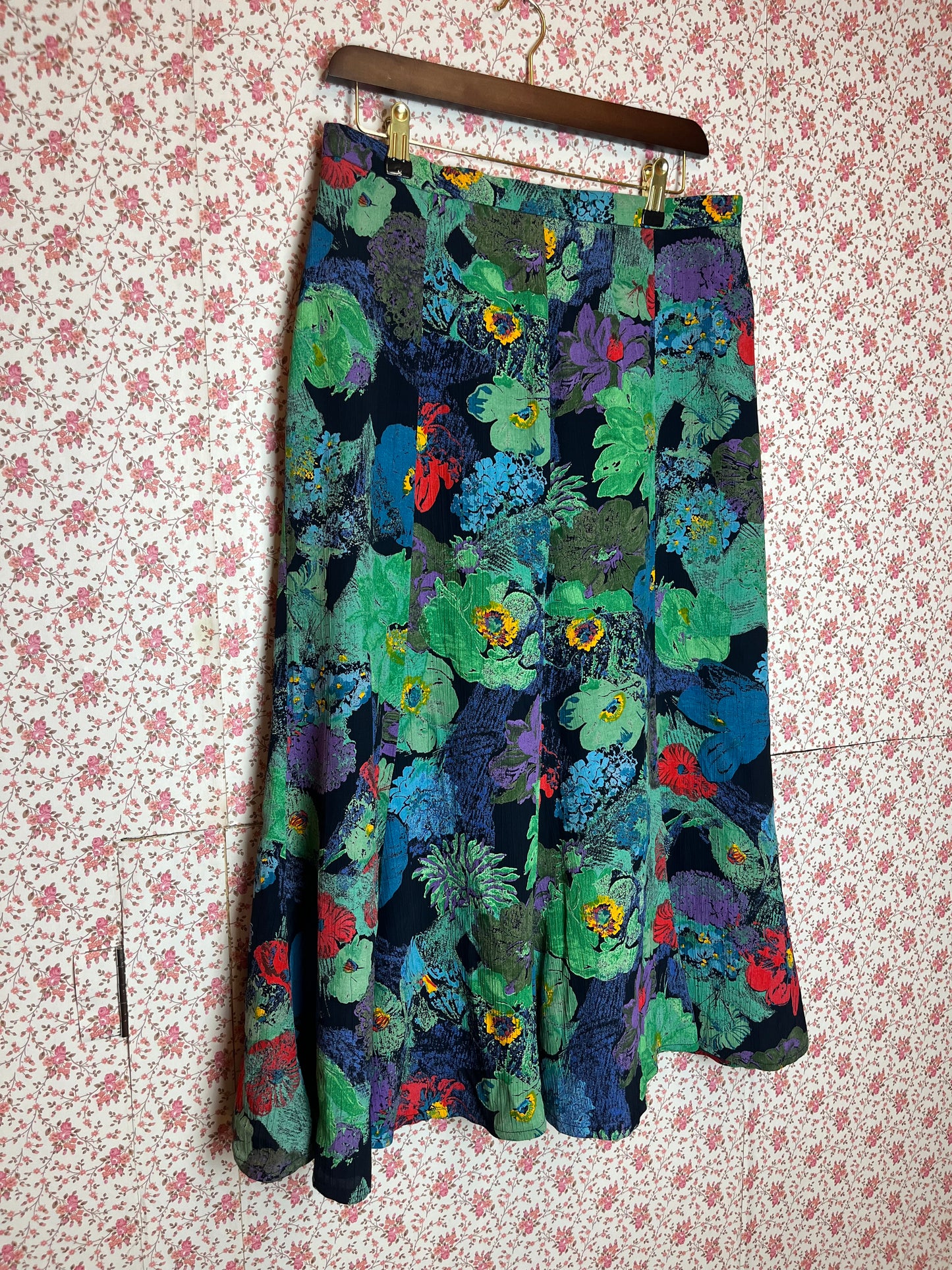 Vintage 1980s Multi Colour Abstract Floral Printed Midi Skirt