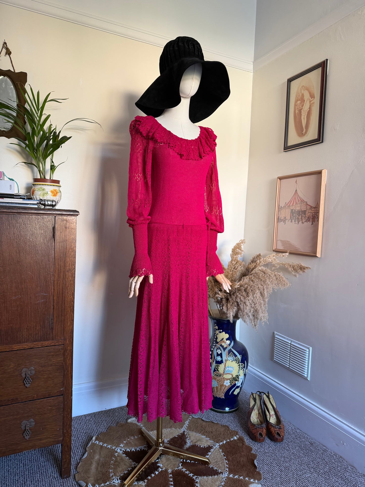 Vintage 1970s Crochet Lace Raspberry Maxi Dress - Size Small