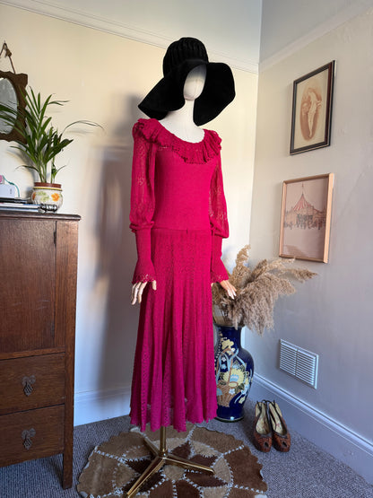 Vintage 1970s Crochet Lace Raspberry Maxi Dress - Size Small