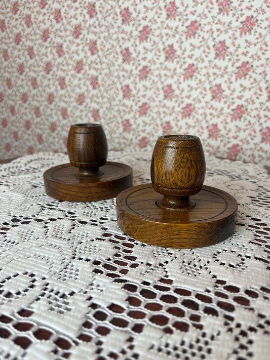 Vintage Handmade Wooden Barrel Candlestick Holders set of 2