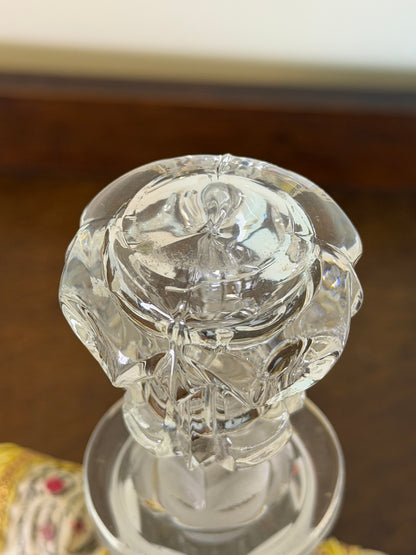 Vintage Crystal Glass Decanter with Embroidered Spanish Bottle Cover