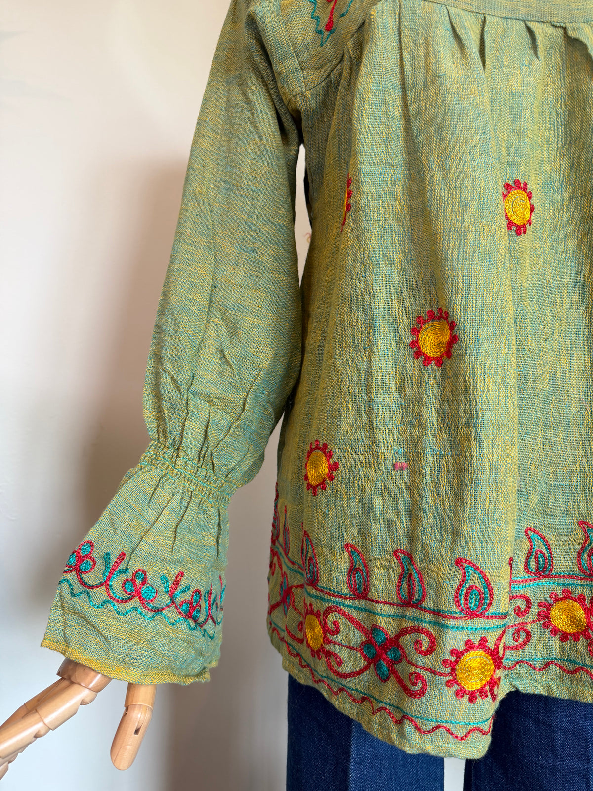 Vintage 1970s Green Cotton Embroidered Boho Tunic Top - Size Medium
