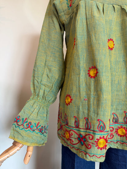 Vintage 1970s Green Cotton Embroidered Boho Tunic Top - Size Medium