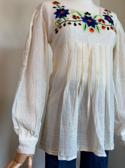 Vintage 1970s Embroidered Cotton Floral Peasant Blouse - Size Medium