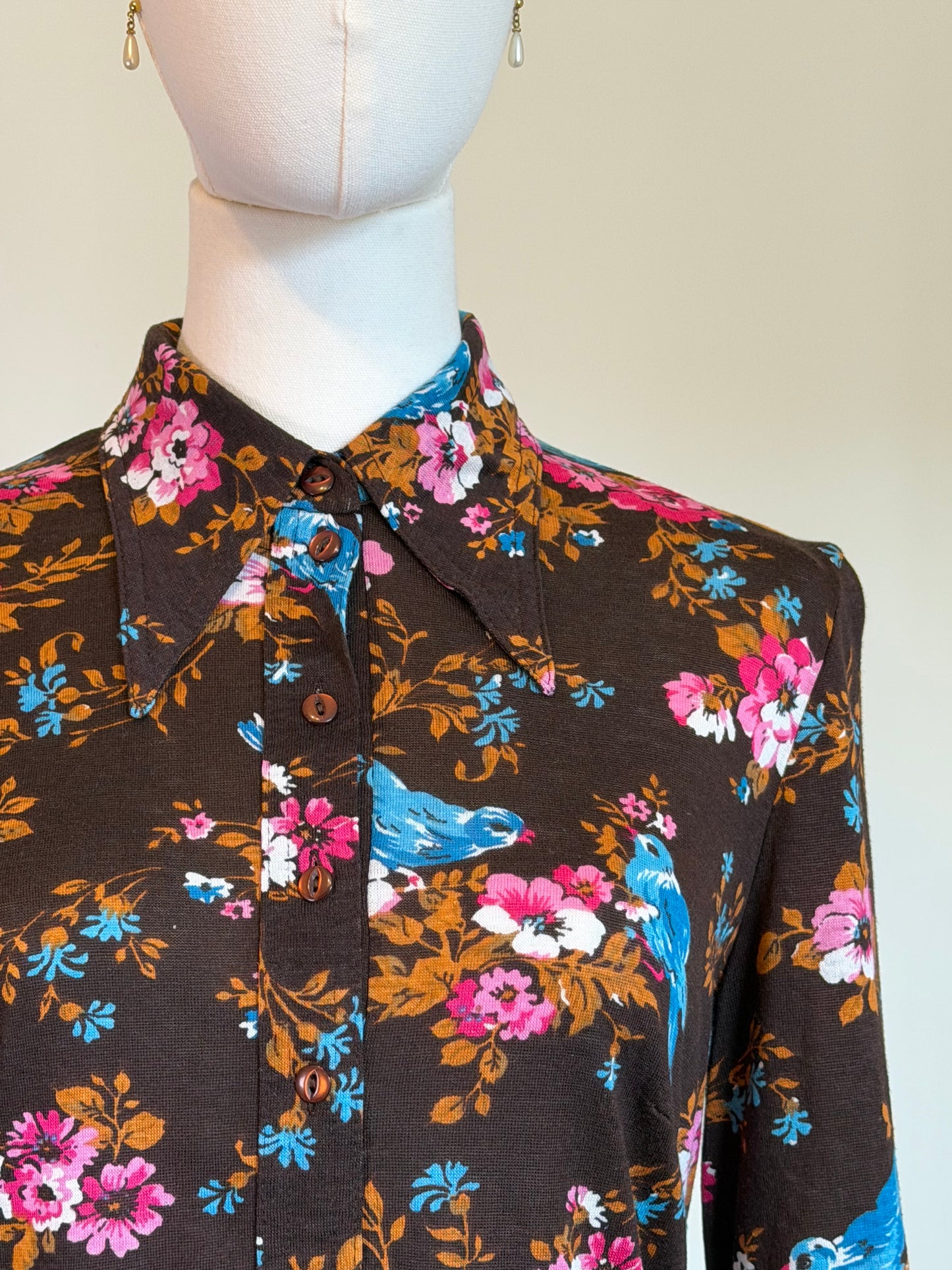 Vintage 1970s Chocolate Brown Floral Popover Shirt - Size Medium