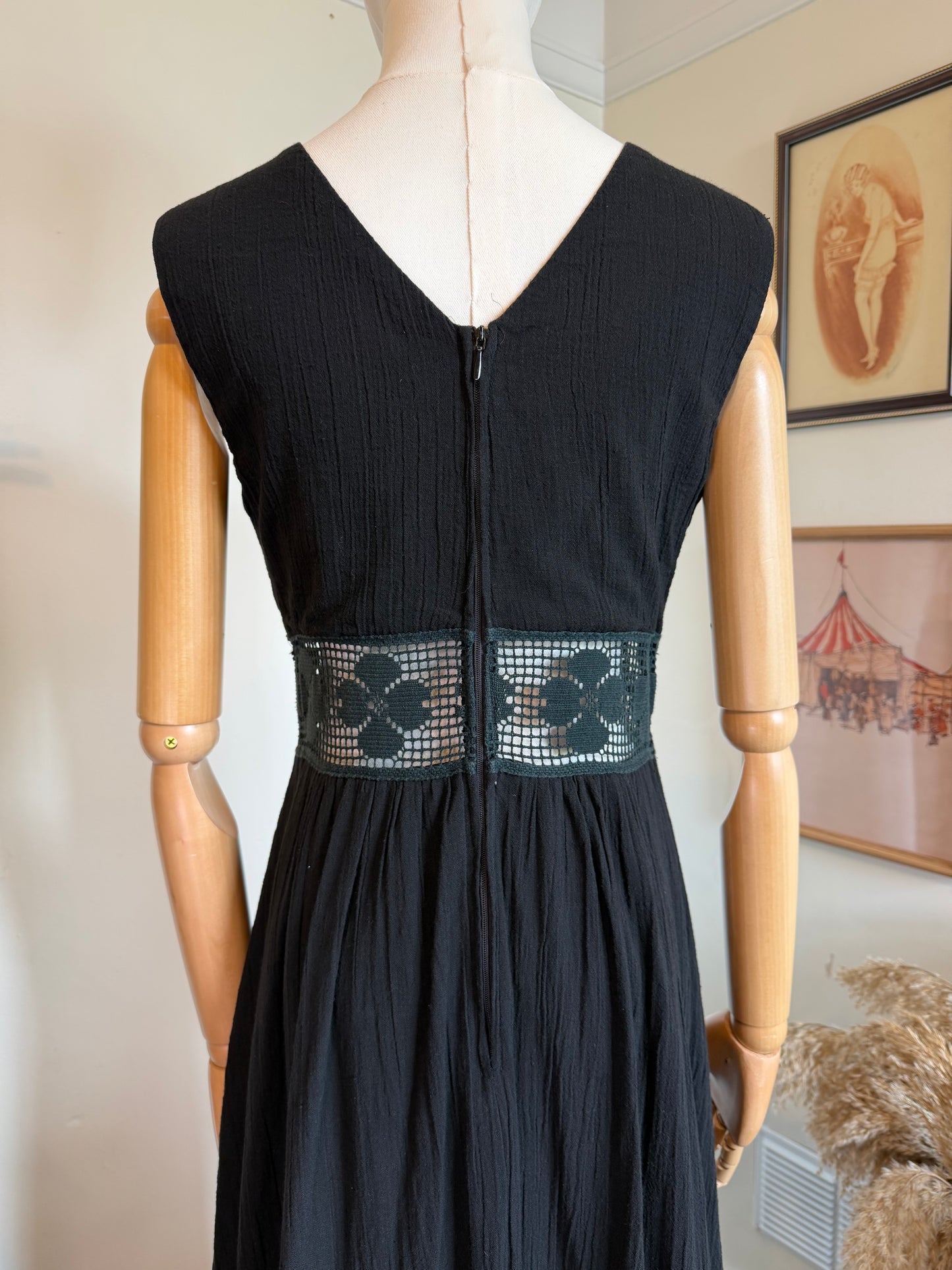 Vintage 1970s Black Cotton Cheesecloth Maxi Dress with Crochet Waist Detail