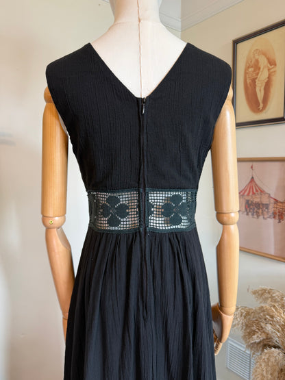 Vintage 1970s Black Cotton Cheesecloth Maxi Dress with Crochet Waist Detail