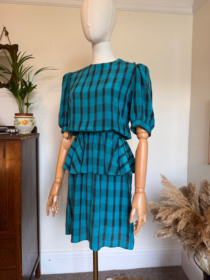 Vintage 1980s Checked Peplum Mini Dress - Size Small/Medium
