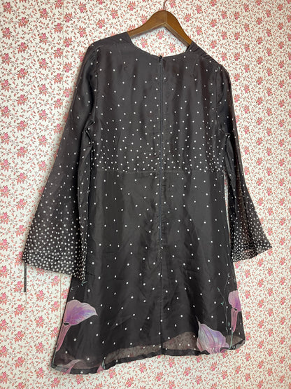 Vintage 1970s Hand Made Lily Print Spotted Mini Swing Dress