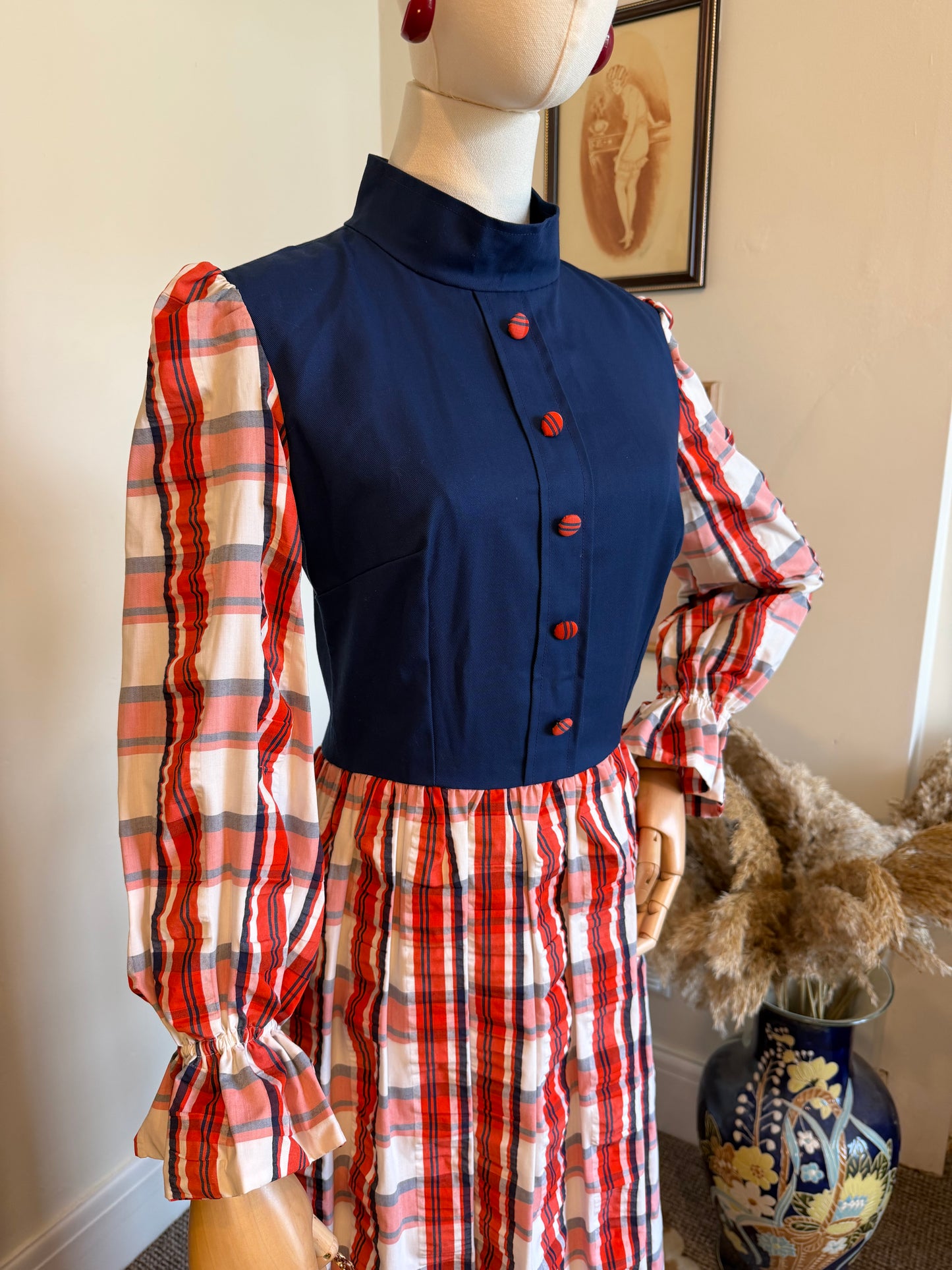 Vintage 1970s Hand Made Checked Long Sleeve Maxi Prairie Dress - Size Medium