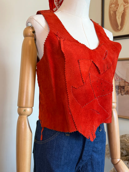 Vintage 1970s Red Suede Patchwork Sleeveless Top - Size Medium