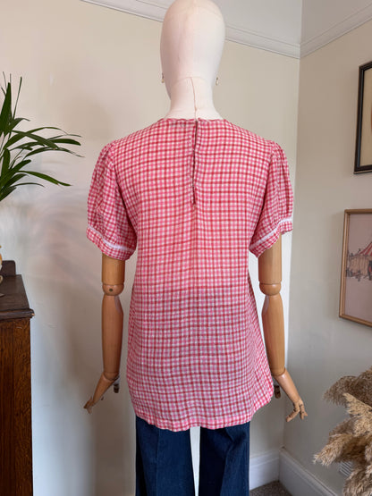 Vintage 1970s Pink Gingham Trimmed Top - Size Medium