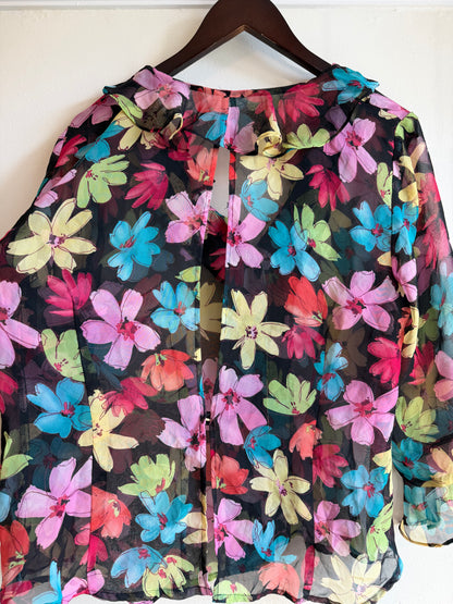 Vintage 1980s Floral Sheer Ruffle Blouse - Size Large