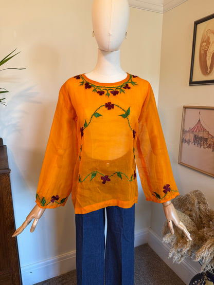 Vintage 1970s Orange Sheer Cotton Floral Embroidered Blouse - Size Medium