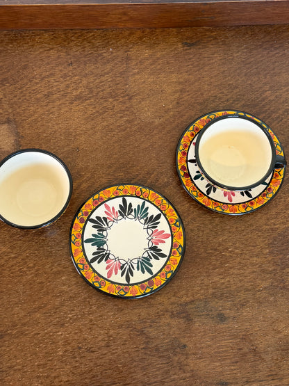 Vintage St Jean Hand-Decorated French Tea Cups & Saucers (Set of 2)