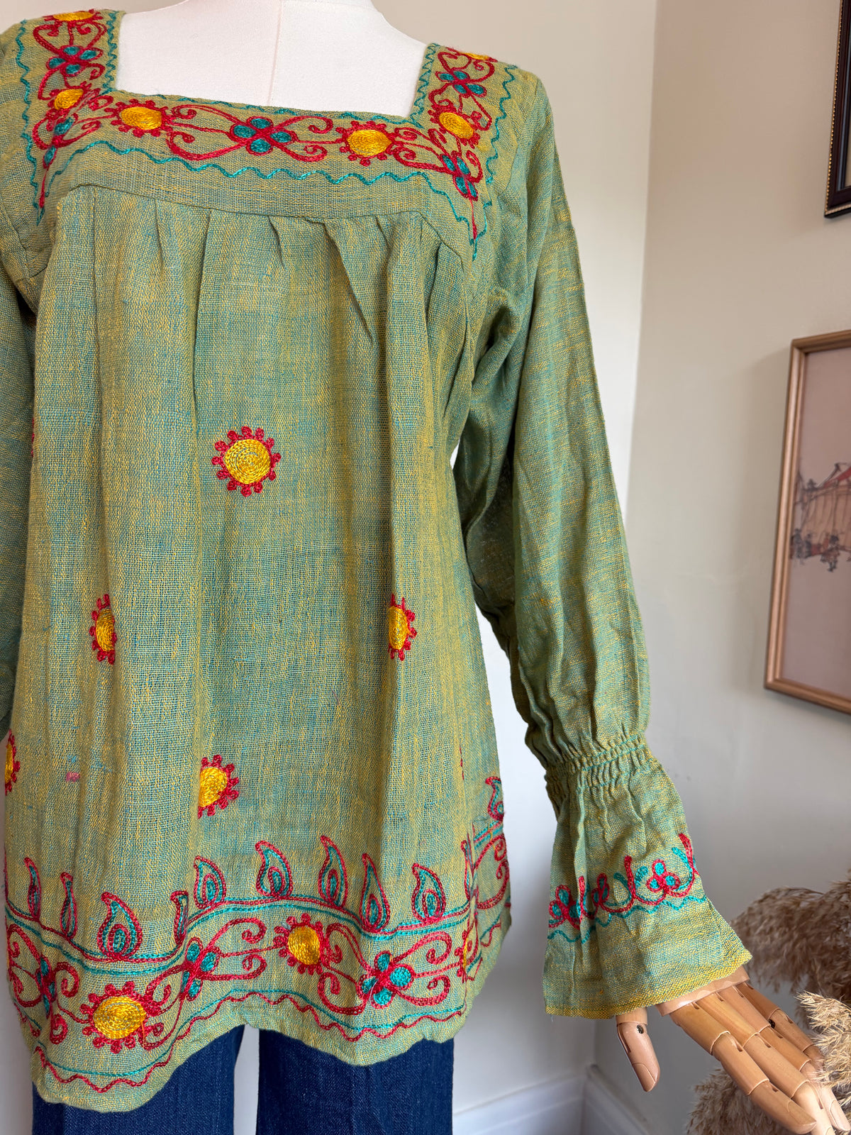 Vintage 1970s Green Cotton Embroidered Boho Tunic Top - Size Medium