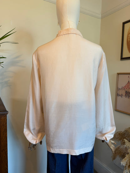 Vintage 1970s Blush Silk Embroidered Blouse - Size Medium