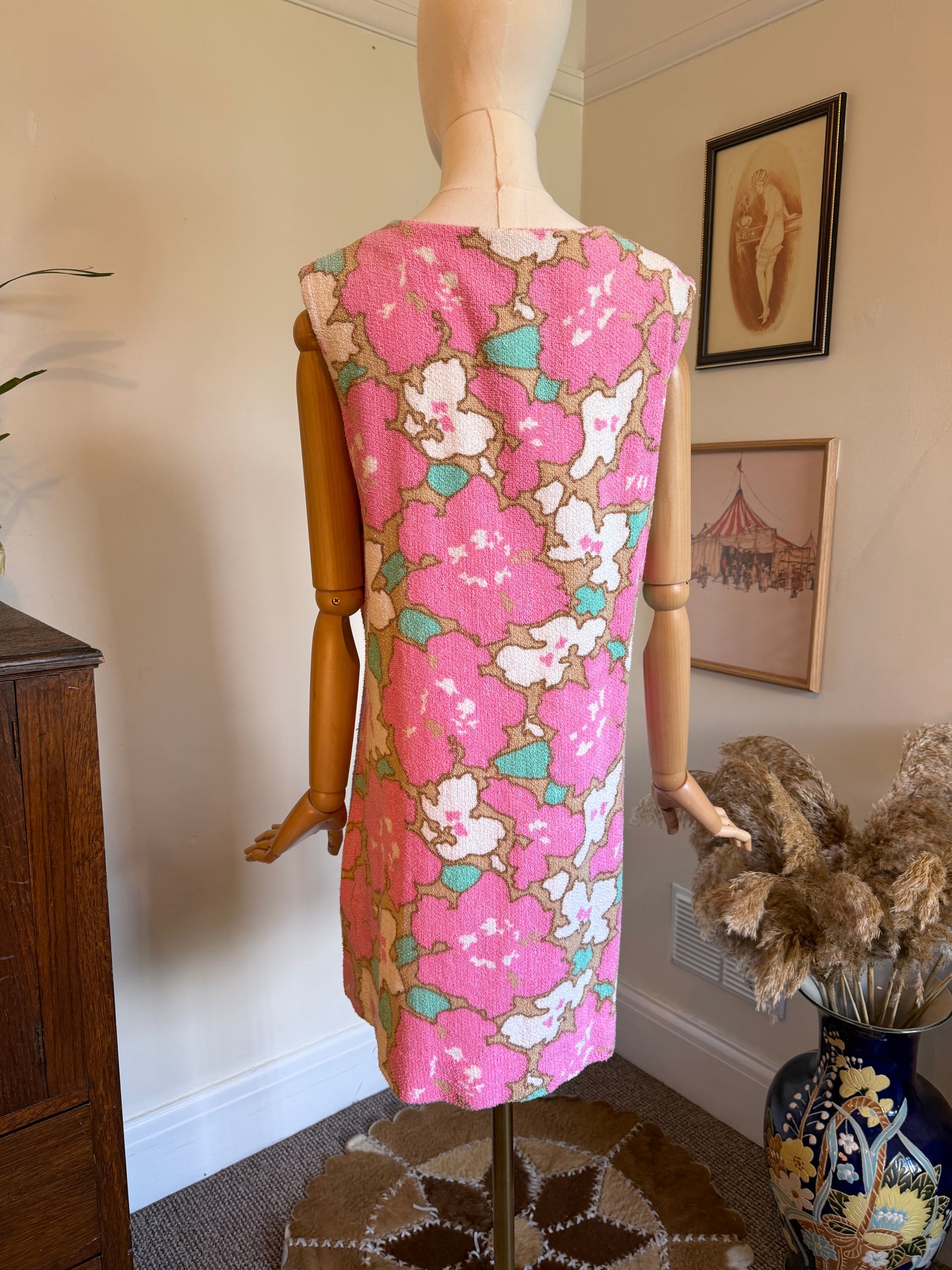 Vintage 1960s Pink & White Towelling Mini Shift Dress - Size Medium/Large