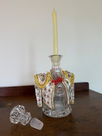 Vintage Crystal Glass Decanter with Embroidered Spanish Bottle Cover