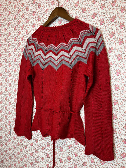 Stunning Vintage 1970s Hand Knitted Red Jumper with Zig Zag and Tie Up