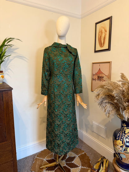 Vintage 1960s Floral Green Jacquard Column Dress - Size Medium