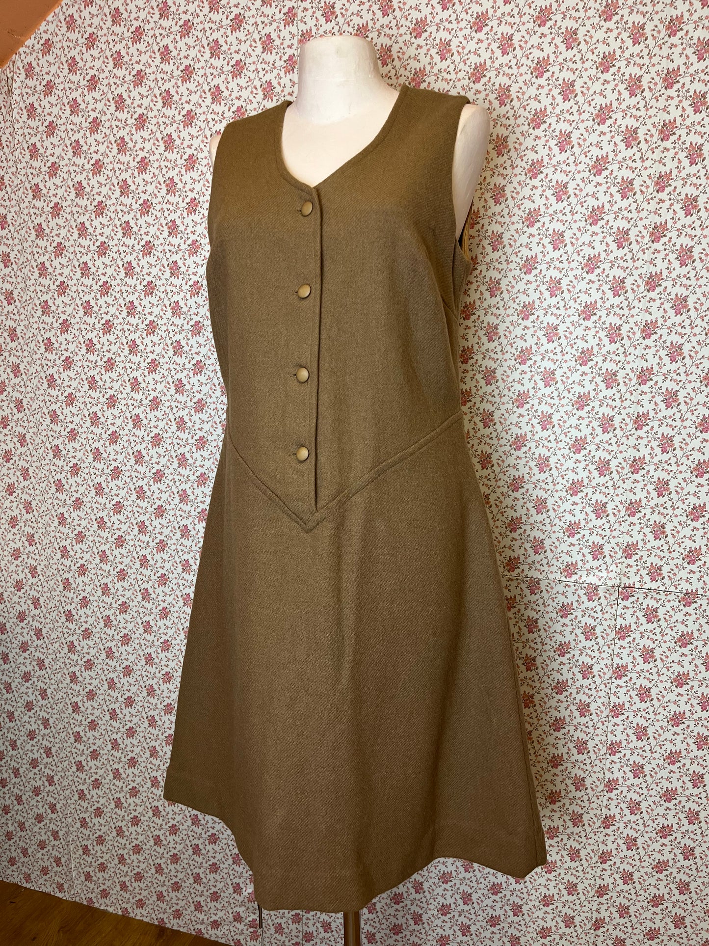 Vintage Tan Brown Wool Tweed Button Down Tunic Dress