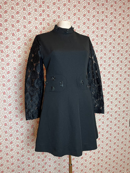 Vintage 1960s Diolen High Neck Lace Sleeve Black Mini Dress