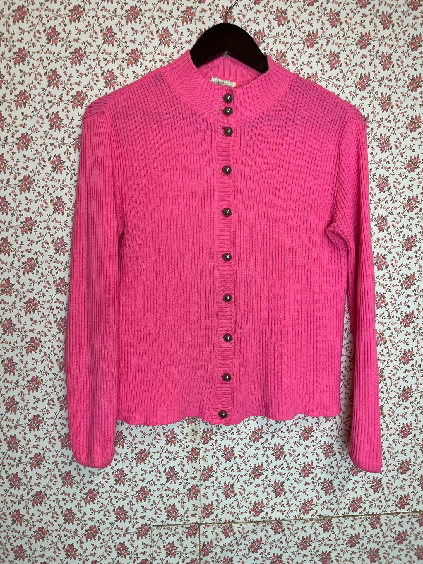 Vintage 1960s Neon Pink Ribbed Cardigan