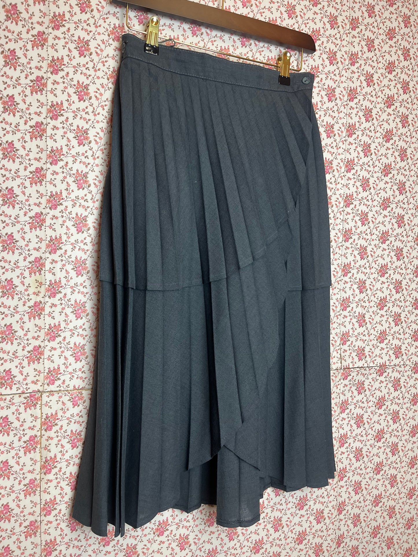 Vintage 1970s Grey Layered Pleated Wrap Midi Skirt