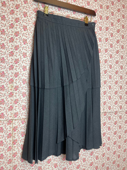 Vintage 1970s Grey Layered Pleated Wrap Midi Skirt