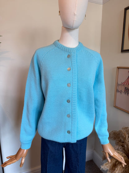 Vintage 1960s Turquoise Blue Fine Knit Button Front Cardigan - Size Medium