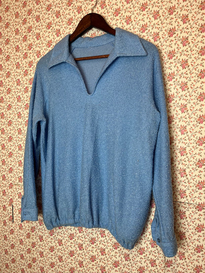 Vintage 1960s Baby Blue Boucle Knit Collared Jumper