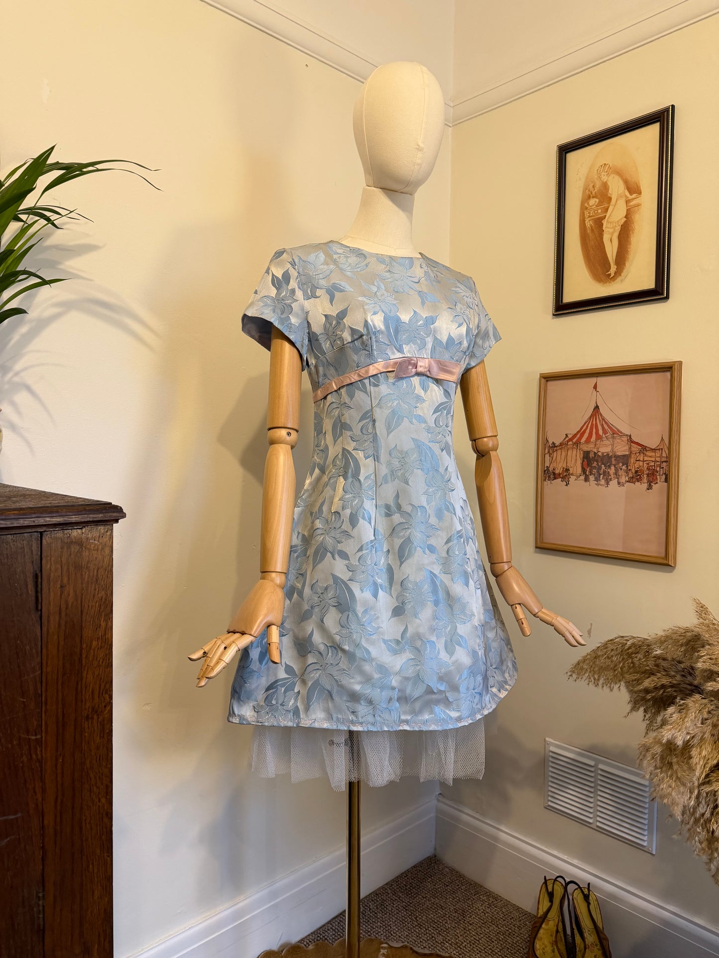 Vintage 1960s Hand Made Floral Jacquard Mini Empire Dress