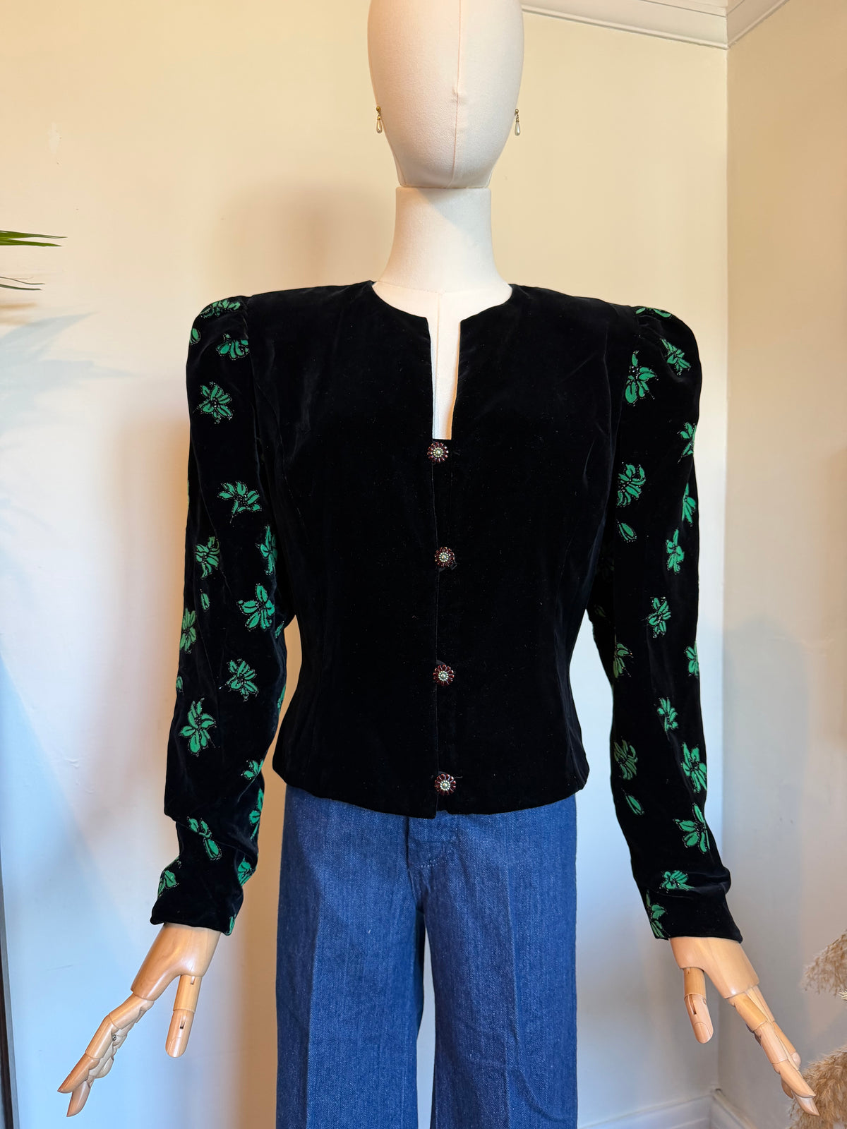 Vintage 1980s Black Velvet Green Floral Jacket - Size Medium