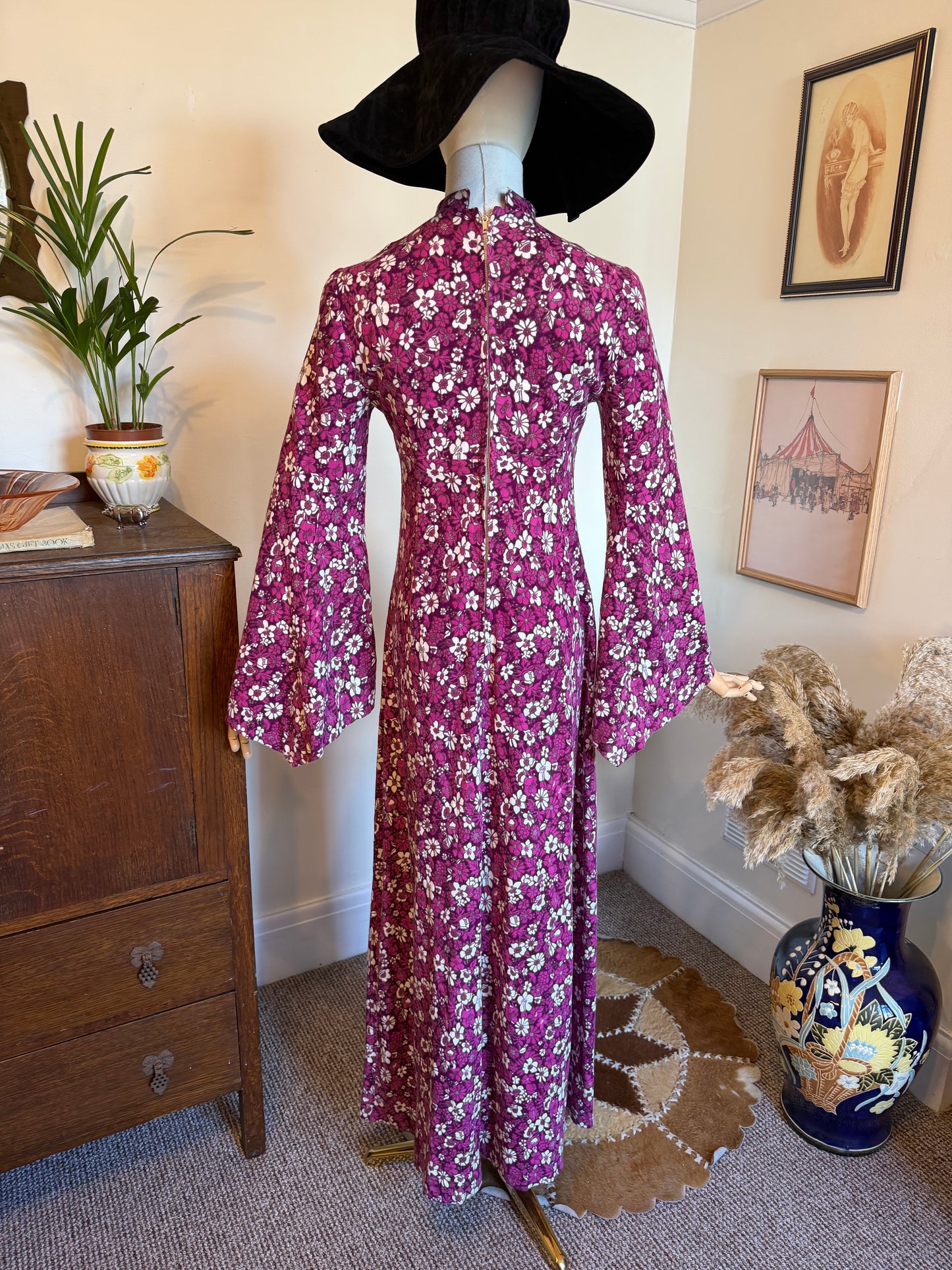 Vintage 1970s Purple Floral High Neck Bell Sleeve Maxi Dress - Size Small