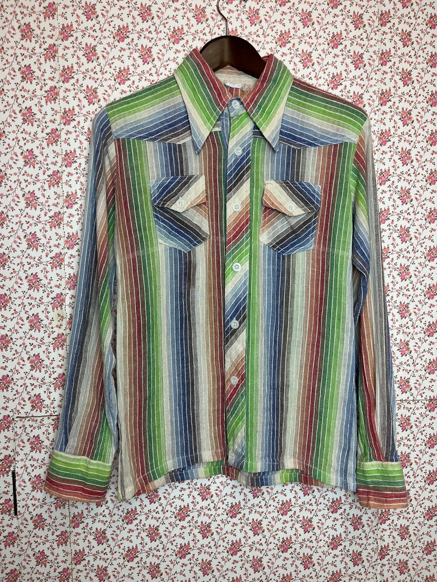 Vintage 1970s Rainbow Cotton Stripe Long Sleeve Shirt