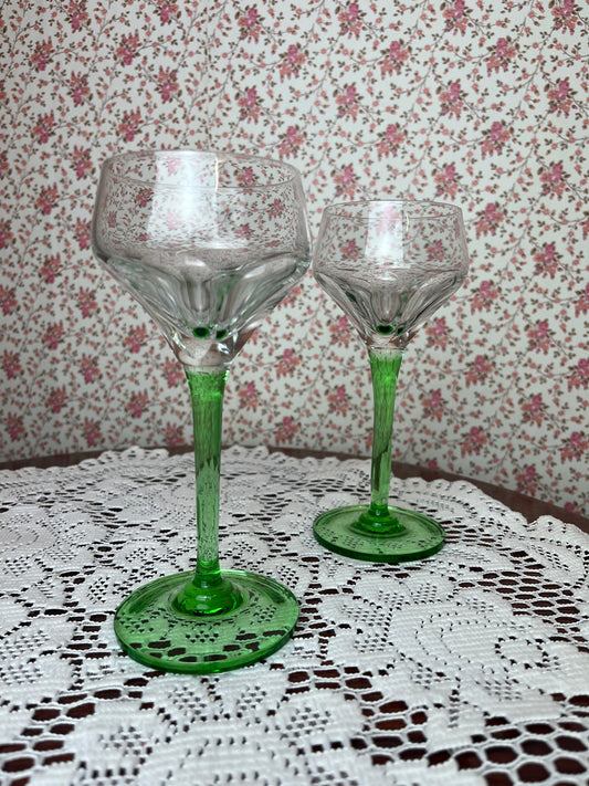 Vintage 1930s Art Deco Green Stem Tapered Wine Hock Glasses set of 2